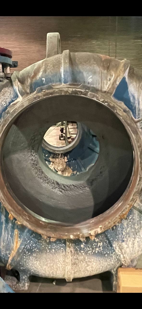 Hallador Power scrubber pump casing before epoxy repair showing wear and pitting